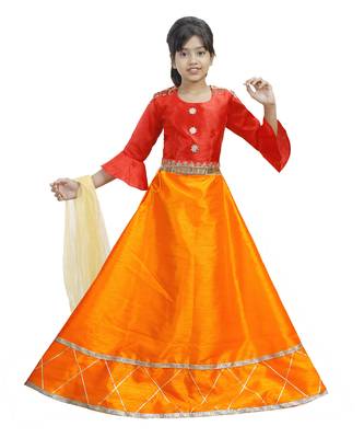 Orange Dupian Silk Hand Embroidery Kids Stitched Lehenga With Dupatta 1