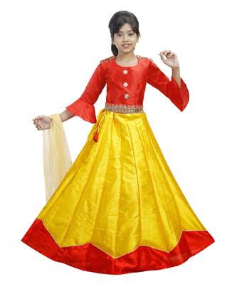 Yellow And Red Dupian Silk Hand Embroidery Kids Stitched Lehenga With Dupatta 1