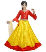 Yellow And Red Dupian Silk Hand Embroidery Kids Stitched Lehenga With Dupatta