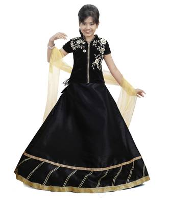 Black Dupian Silk Hand Embroidery Kids Stitched Lehenga With Dupatta 1