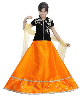 Orange Dupian Silk Hand Embroidery Kids Stitched Lehenga With Dupatta 1