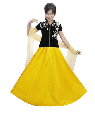 Yellow Dupian Silk Hand Embroidery Kids Stitched Lehenga With Dupatta 1