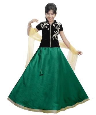 Green Dupian Silk Hand Embroidery Kids Stitched Lehenga With Dupatta 1