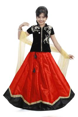 Black And Red Dupian Silk Hand Embroidery Kids Stitched Lehenga With Dupatta 1