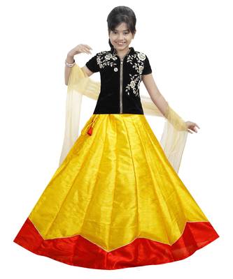 Yellow And Red Dupian Silk Hand Embroidery Kids Stitched Lehenga With Dupatta 1