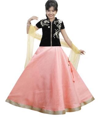 Pink Dupian Silk Hand Embroidery Kids Stitched Lehenga With Dupatta 1
