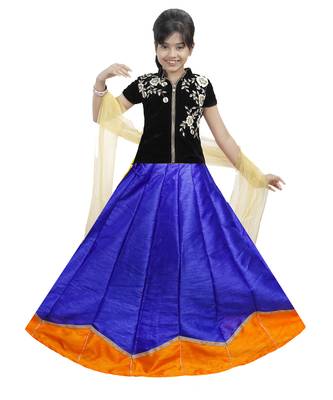 Blue And Orange Dupian Silk Hand Embroidery Kids Stitched Lehenga With Dupatta 1
