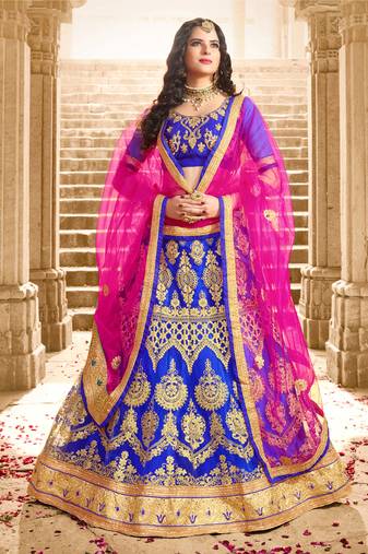 Blue Embroidered Net Semi Stitched Lehenga