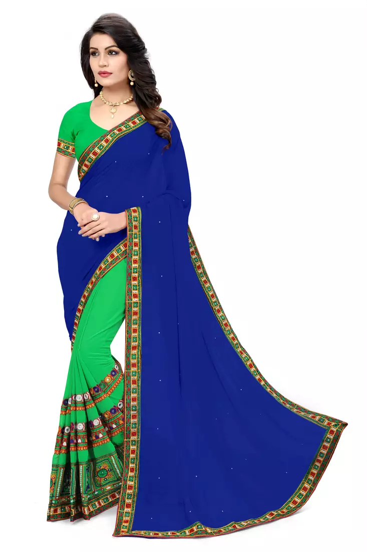 Blue Embroidered Georgette Saree With Blouse