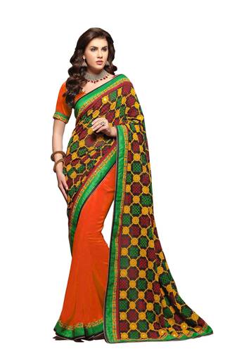 Orange Embroidered Georgette Saree With Blouse