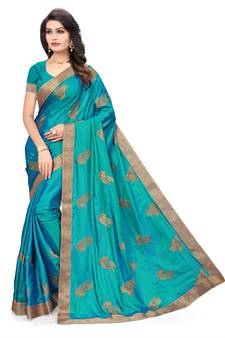 Blue embroidered  silk blend saree with blouse