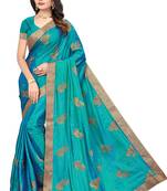 Blue embroidered  silk blend saree with blouse