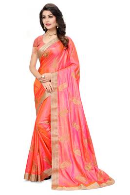 Orange embroidered  silk blend saree with blouse 1