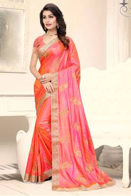 Orange embroidered  silk blend saree with blouse 2