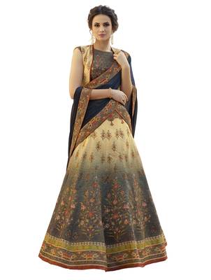 Cream And Grey Pure Banarasi Natural Silk Printed Lehenga With Dupatta 1