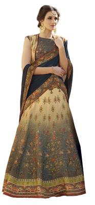 Cream And Grey Pure Banarasi Natural Silk Printed Lehenga With Dupatta 2