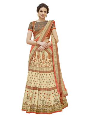 Cream Pure Banarasi Natural Silk Printed Lehenga With Dupatta 1
