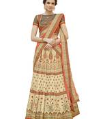 Cream Pure Banarasi Natural Silk Printed Lehenga With Dupatta