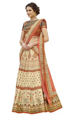Cream Pure Banarasi Natural Silk Printed Lehenga With Dupatta 2