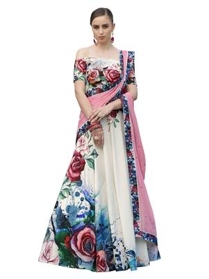 Cream Pure Spandex Natural Silk Printed Lehenga With Dupatta 1