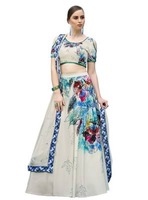 Cream Pure Spandex Natural Silk Printed Lehenga With Dupatta 1