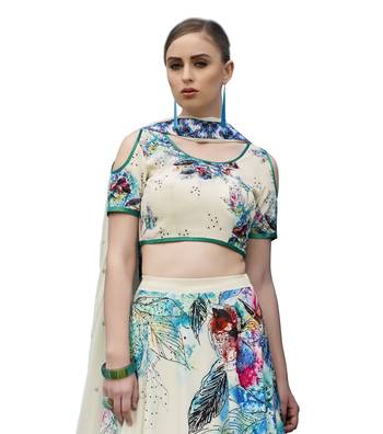 Cream Pure Spandex Natural Silk Printed Lehenga With Dupatta 2