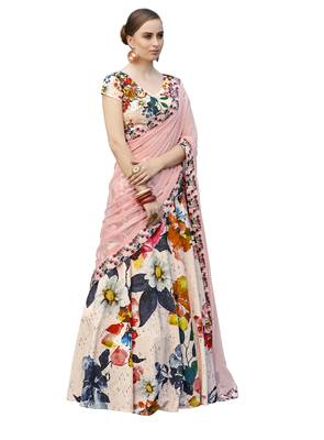 Cream Pure Spandex Natural Silk Printed Lehenga With Dupatta 1