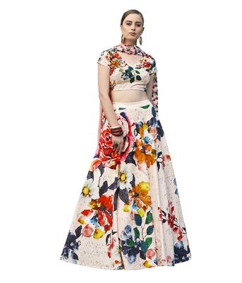 Cream Pure Spandex Natural Silk Printed Lehenga With Dupatta 2