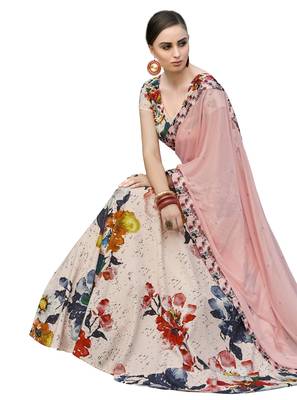 Cream Pure Spandex Natural Silk Printed Lehenga With Dupatta 3