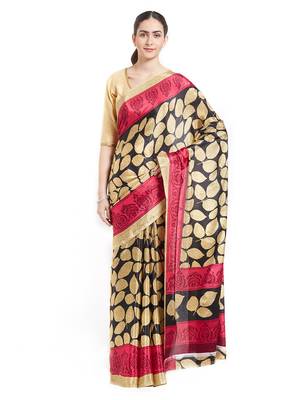Beige printed crepe saree with blouse 1