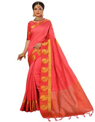 Orange embroidered banarasi silk saree with blouse 1