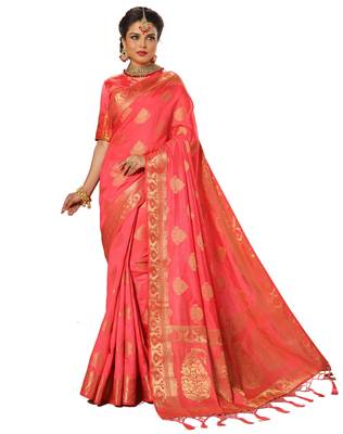 Orange embroidered banarasi silk saree with blouse 1