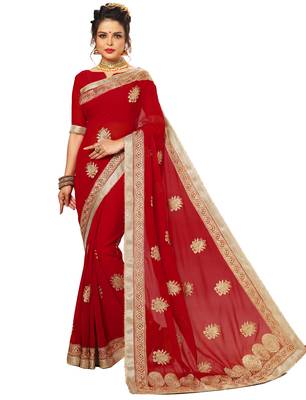 Red embroidered georgette saree with blouse 1
