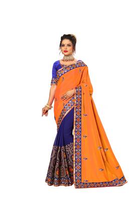 Orange embroidered silk saree with blouse 1