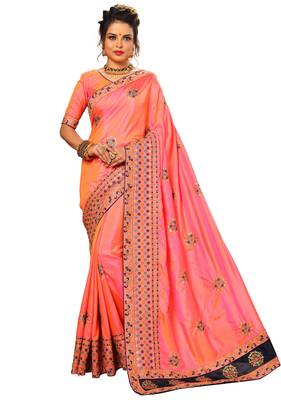 Peach embroidered silk saree with blouse 1