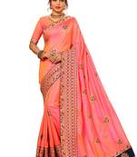 Peach embroidered silk saree with blouse