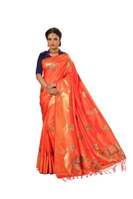 Orange embroidered silk saree with blouse 1