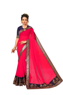 Pink embroidered satin saree with blouse 1