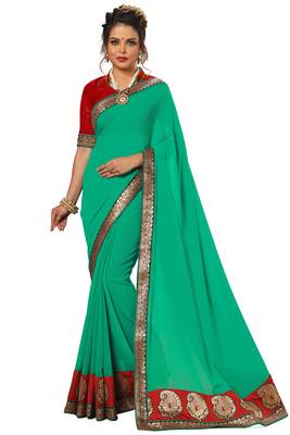 Green embroidered satin saree with blouse 1