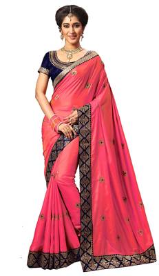 Pink embroidered silk saree with blouse 1