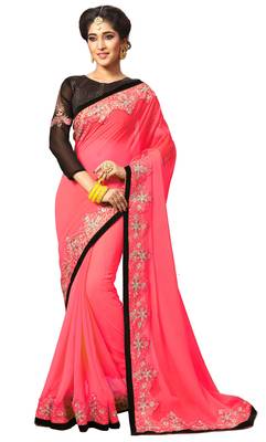 Pink embroidered georgette saree with blouse 1