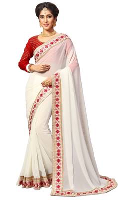 White embroidered georgette saree with blouse 1