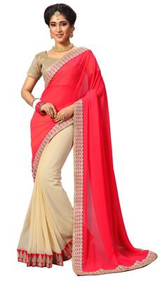 Pink embroidered georgette saree with blouse 1