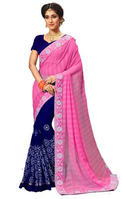 Pink embroidered satin saree with blouse 1