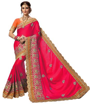 Pink embroidered silk saree with blouse 1