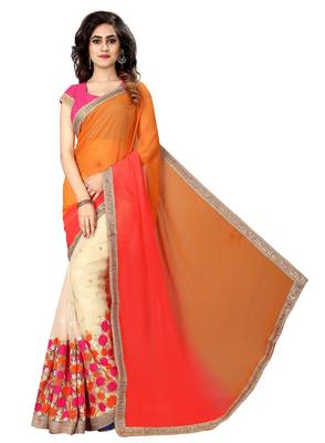 Orange embroidered georgette saree with blouse 1