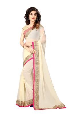 Beige embroidered georgette saree with blouse 1