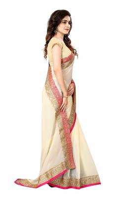 Beige embroidered georgette saree with blouse 2
