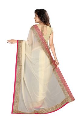 Beige embroidered georgette saree with blouse 3