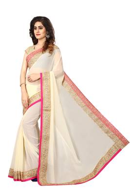 Beige embroidered georgette saree with blouse 4